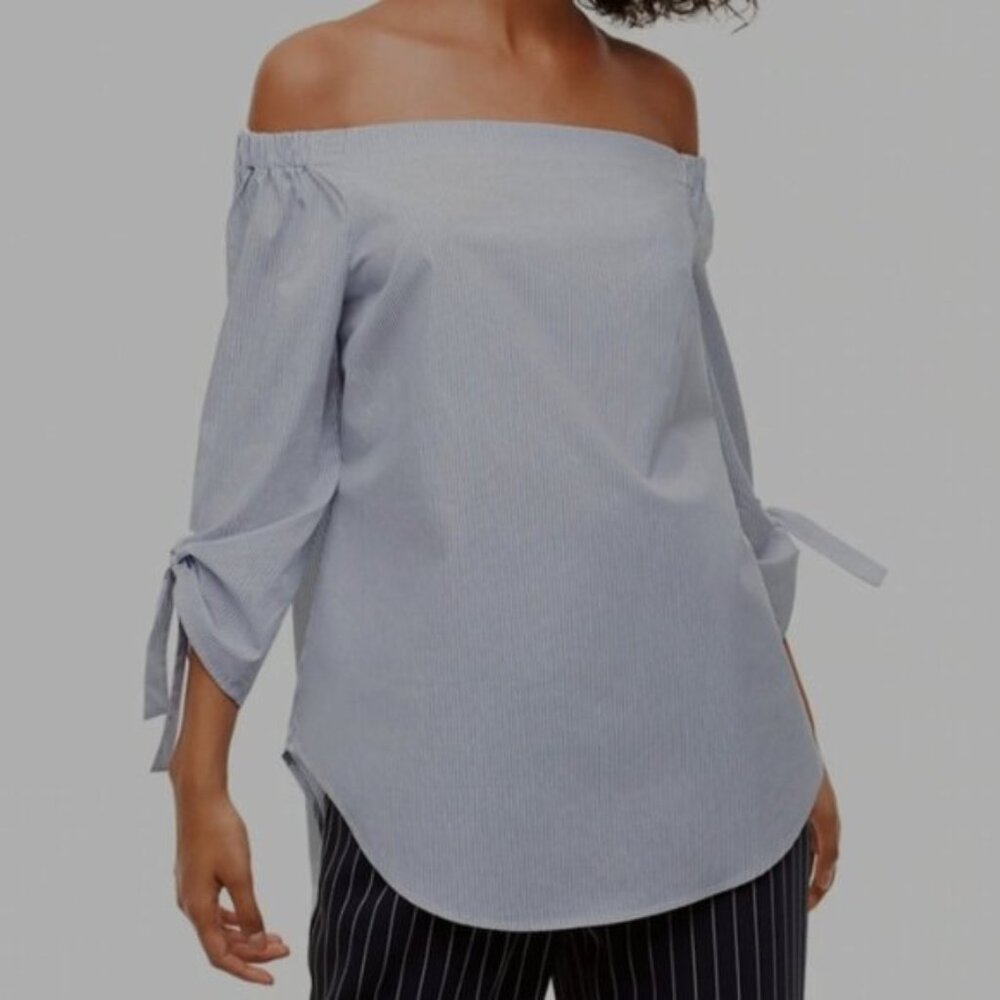 Aritzia Babaton Malik Pinstripe Off Shoulder Blouse Sz XS